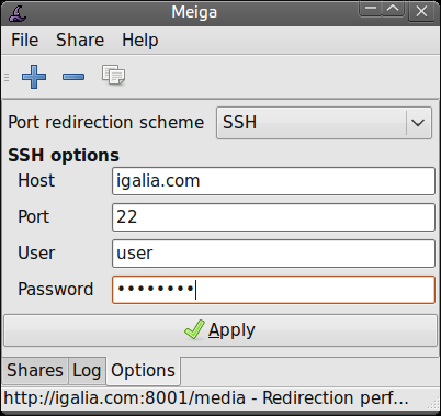 Meiga screenshot (options - SSH forwarding)