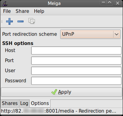 Meiga screenshot (options - UPnP forwarding)